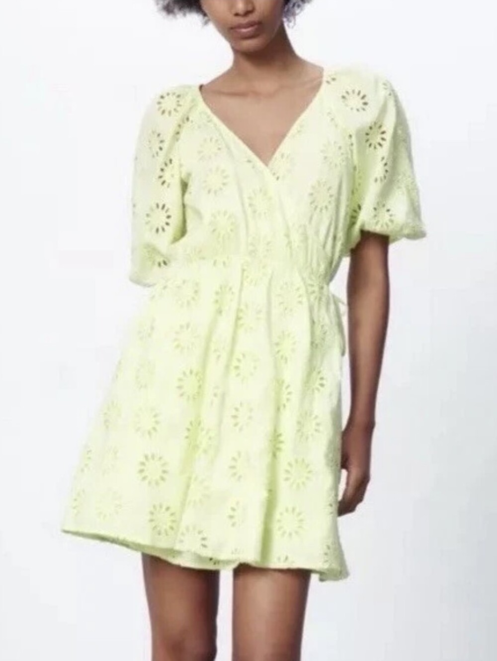 NWT ZARA Lime Green Broderie Anglaise Eyelet Wrap Mini Dress
